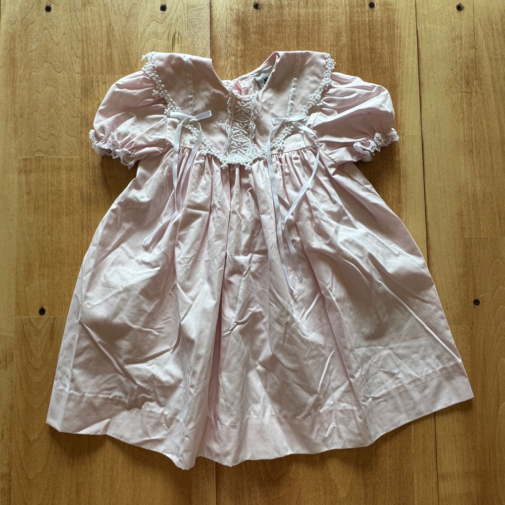 Vintage Jo Lene Pink‎ Lace Trim Puff Sleeve Toddler Dress Size 2T Made in USA